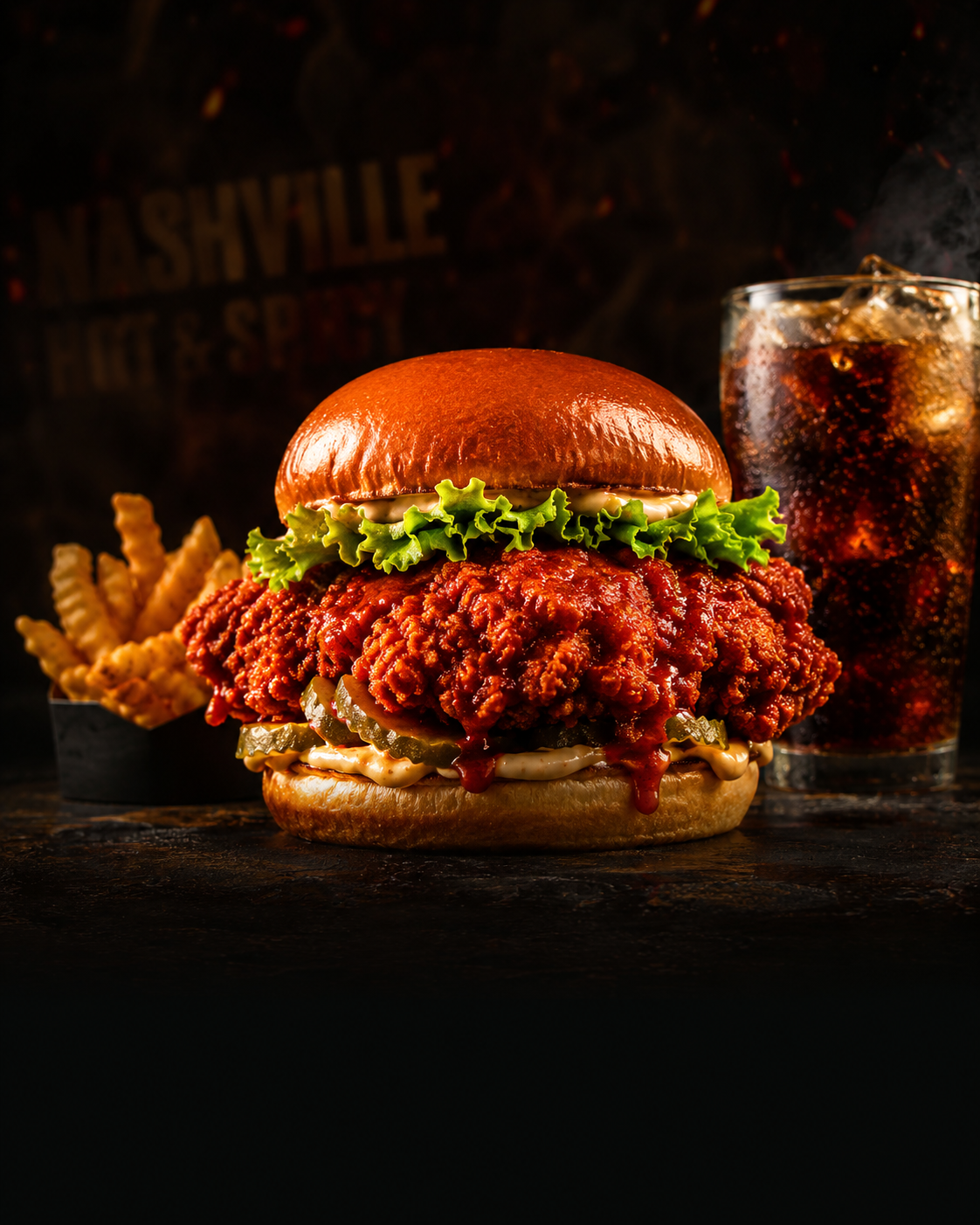 Premium crispy Nashville hot chicken burger combo with fries and cold drink on dark background