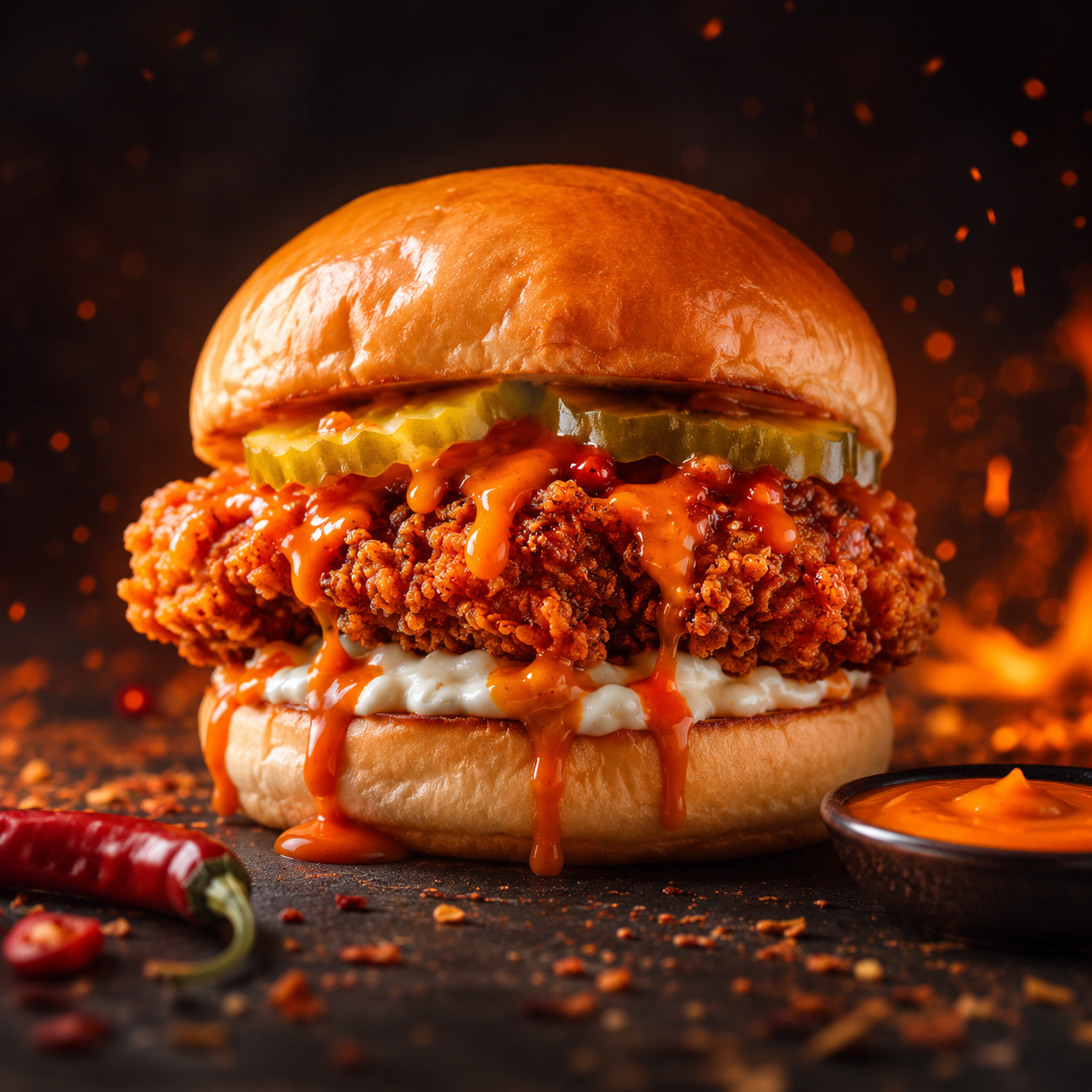 OG Hot Slider spicy chicken burger with crispy fried chicken, pickles and hot cayenne sauce