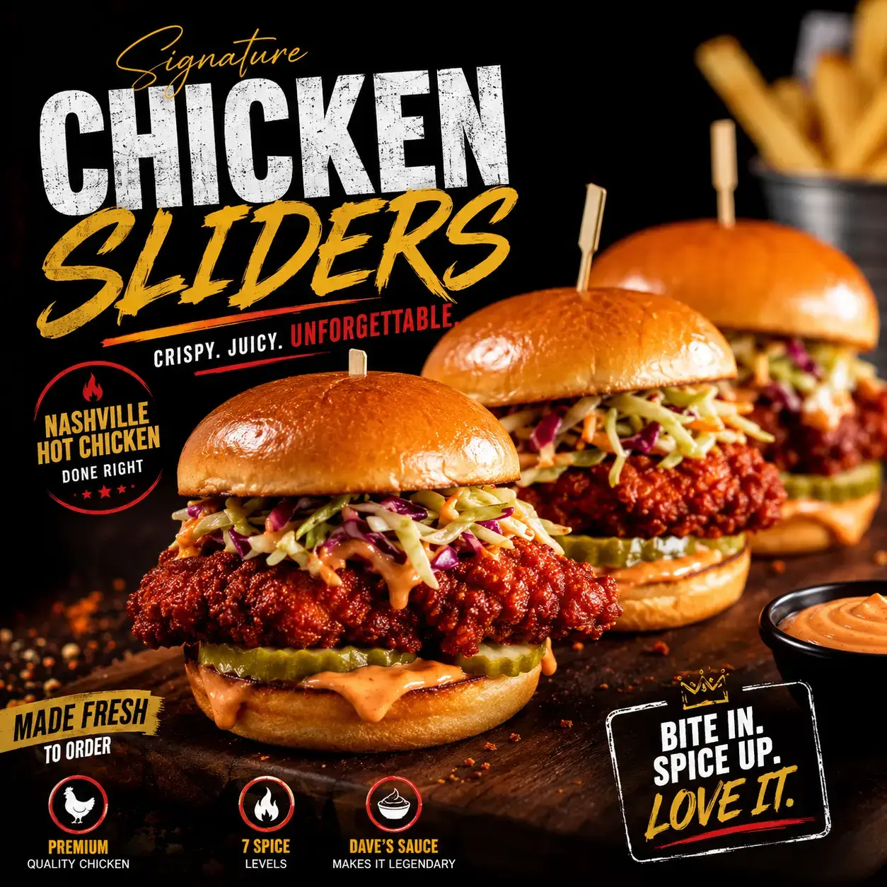 Dave's Hot Chicken sliders with crispy Nashville hot chicken, pickles, kale slaw and signature sauce