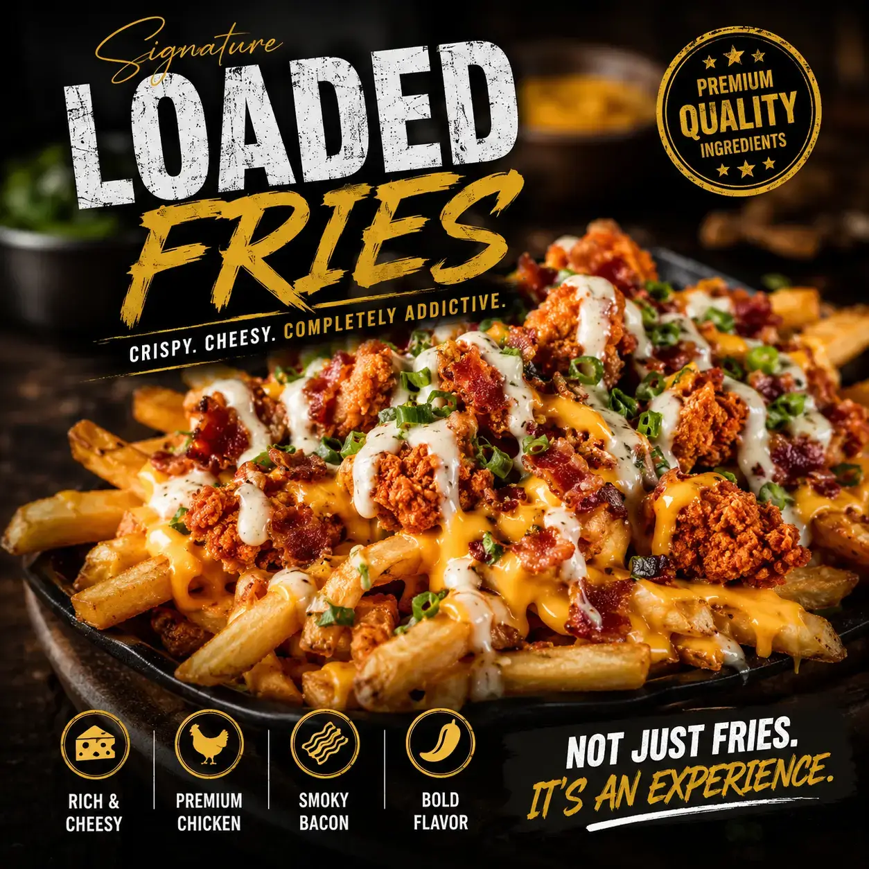 Premium loaded fries topped with crispy chicken, melted cheese, bacon, creamy sauce and fresh herbs in a gourmet food advertisement design.